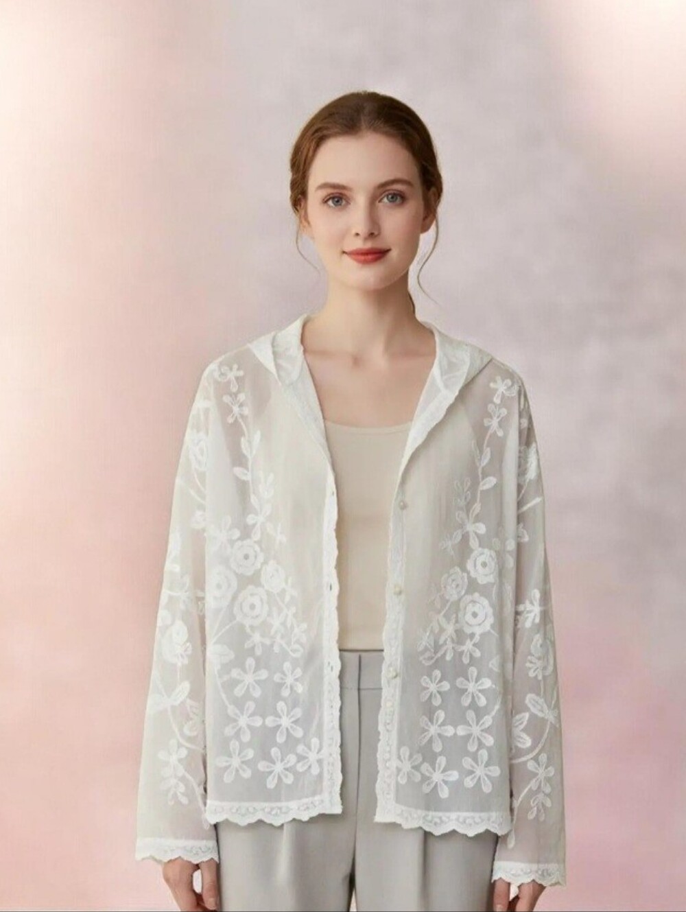 223. Belma Bohemian Sheer Floral Embroidered Button-Front Hooded Oversized Shirt